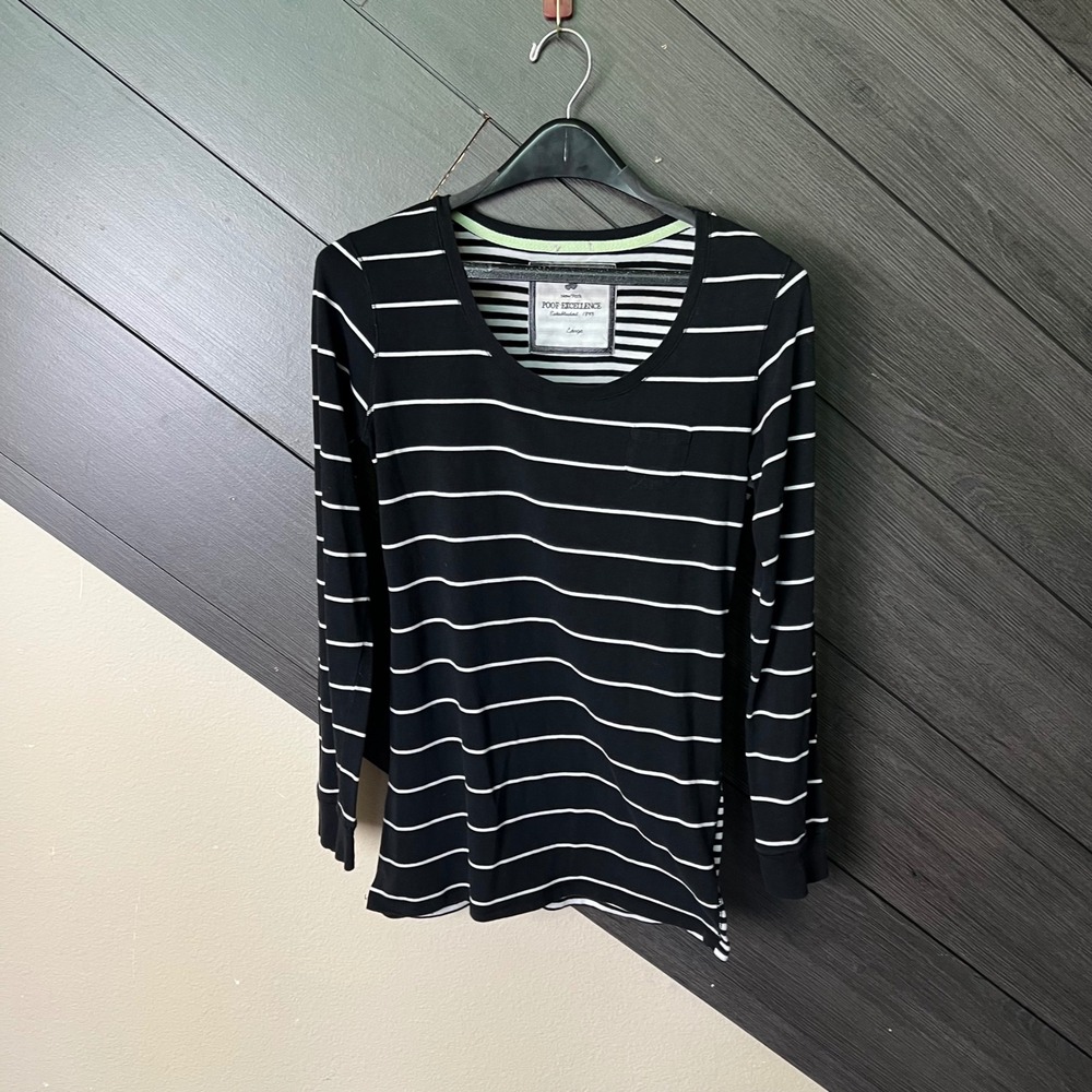 Poof Excellence Women's Striped Long Sleeve‎ Pocket Tee Black White L Grunge